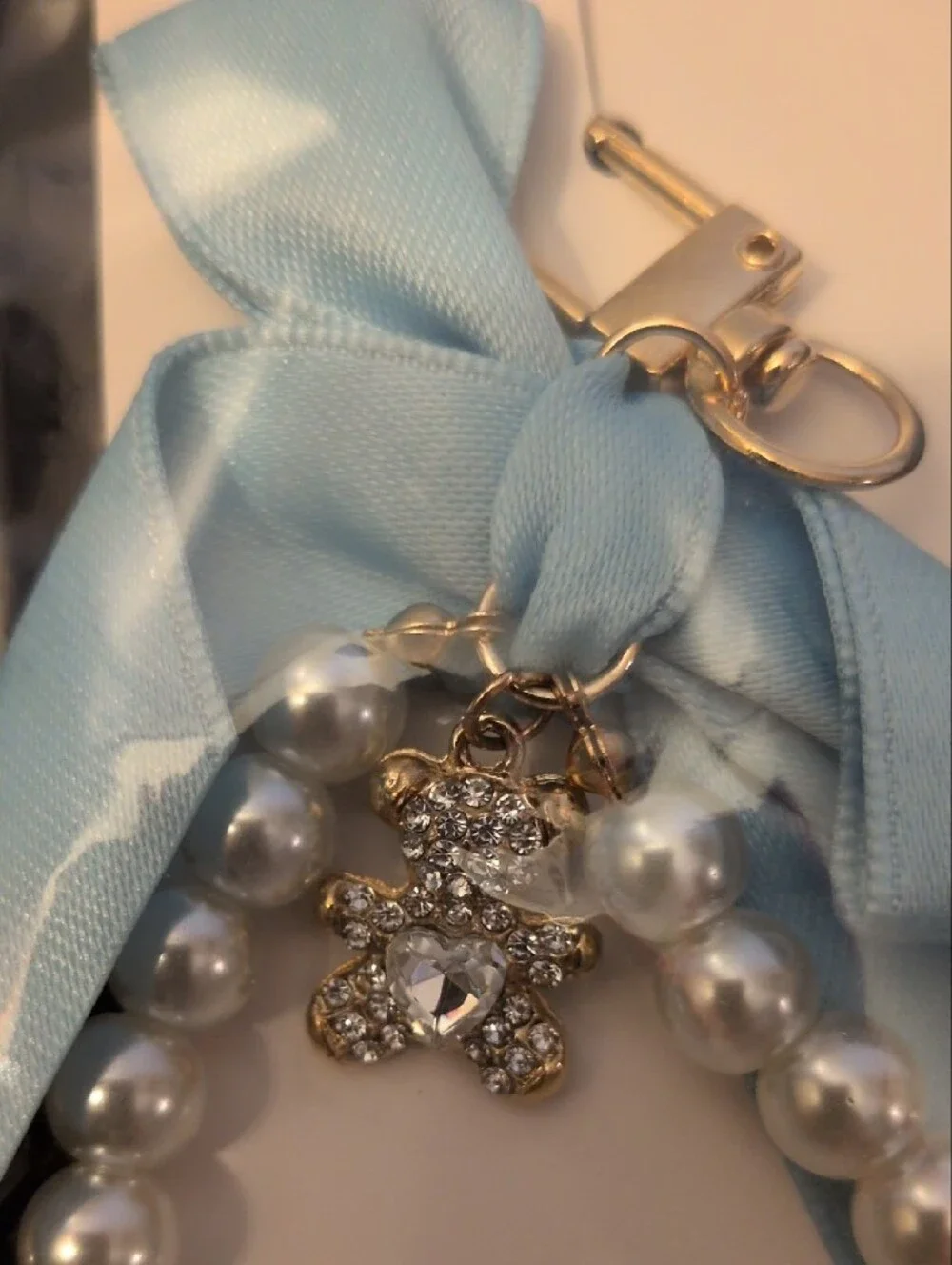 Blue Bow Pearl Keychain with Crystal Teddy Charm